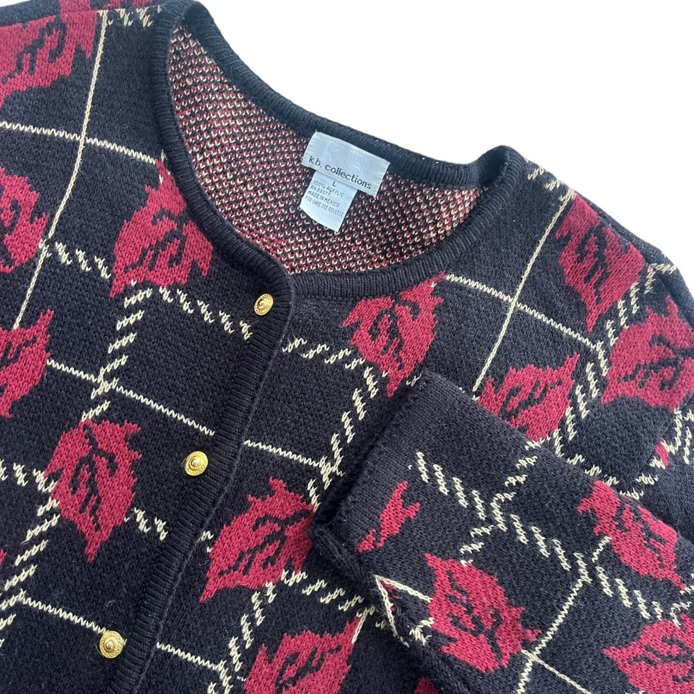 KB Collections Vintage Women L Black Red Leaf Plaid Knit Cardigan Sweater Granny